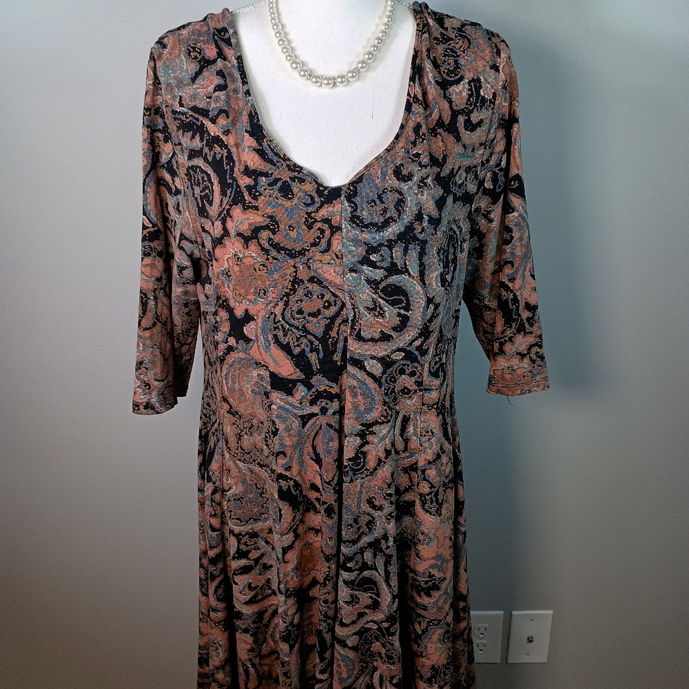Peruvian Connection XL Boho Paisley 3/4 Sleeve Fit & Flare V-Neck Midi Dress - Picture 3 of 5